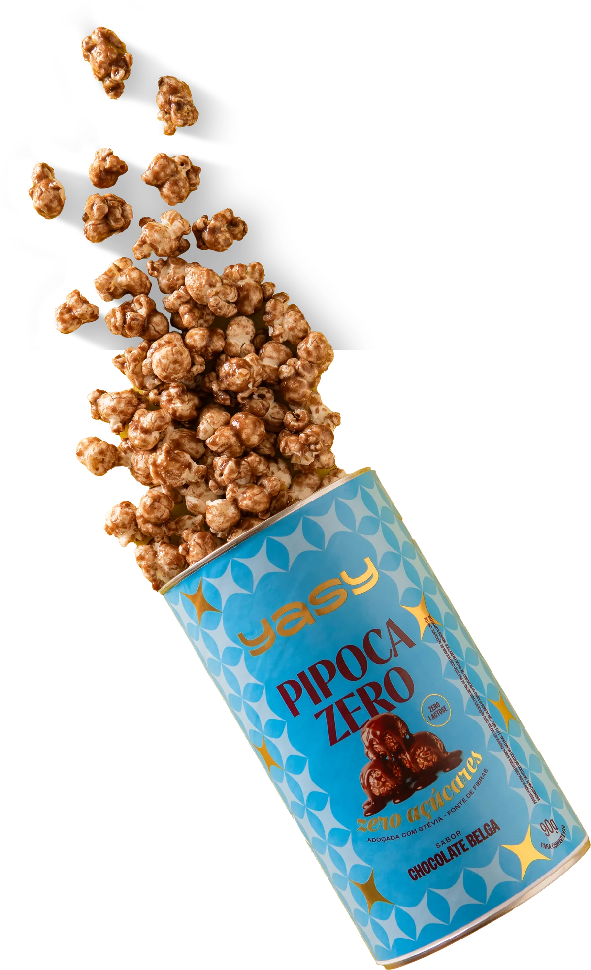 Lata de pipoca YASY sabor chocolate belga deitada, com as pipocas se espalhando