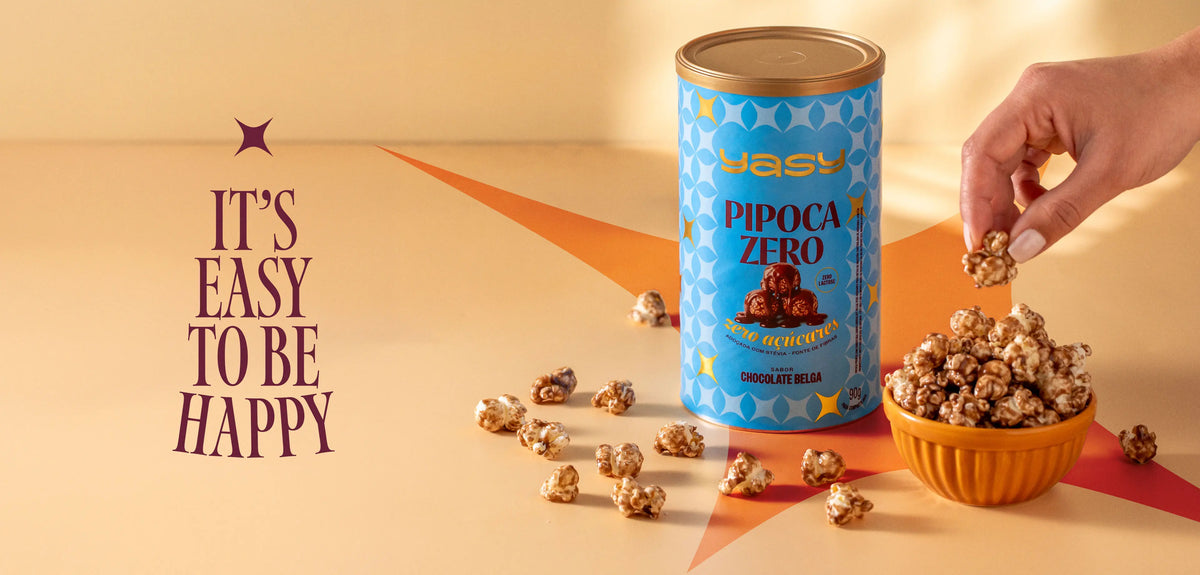 Lata de Pipoca Zero Chocolate Belga com pipocas em uma tigela